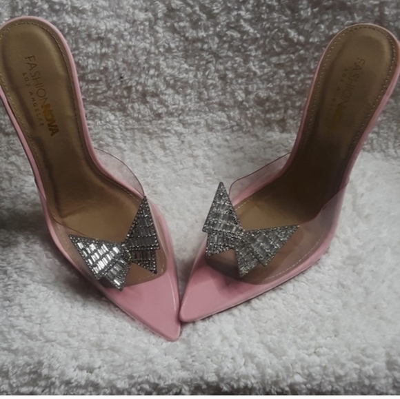 Fashion Nova Pink and Clear Heels with Rhinestone Bow Sz 8.5 - Picture 5 of 6
